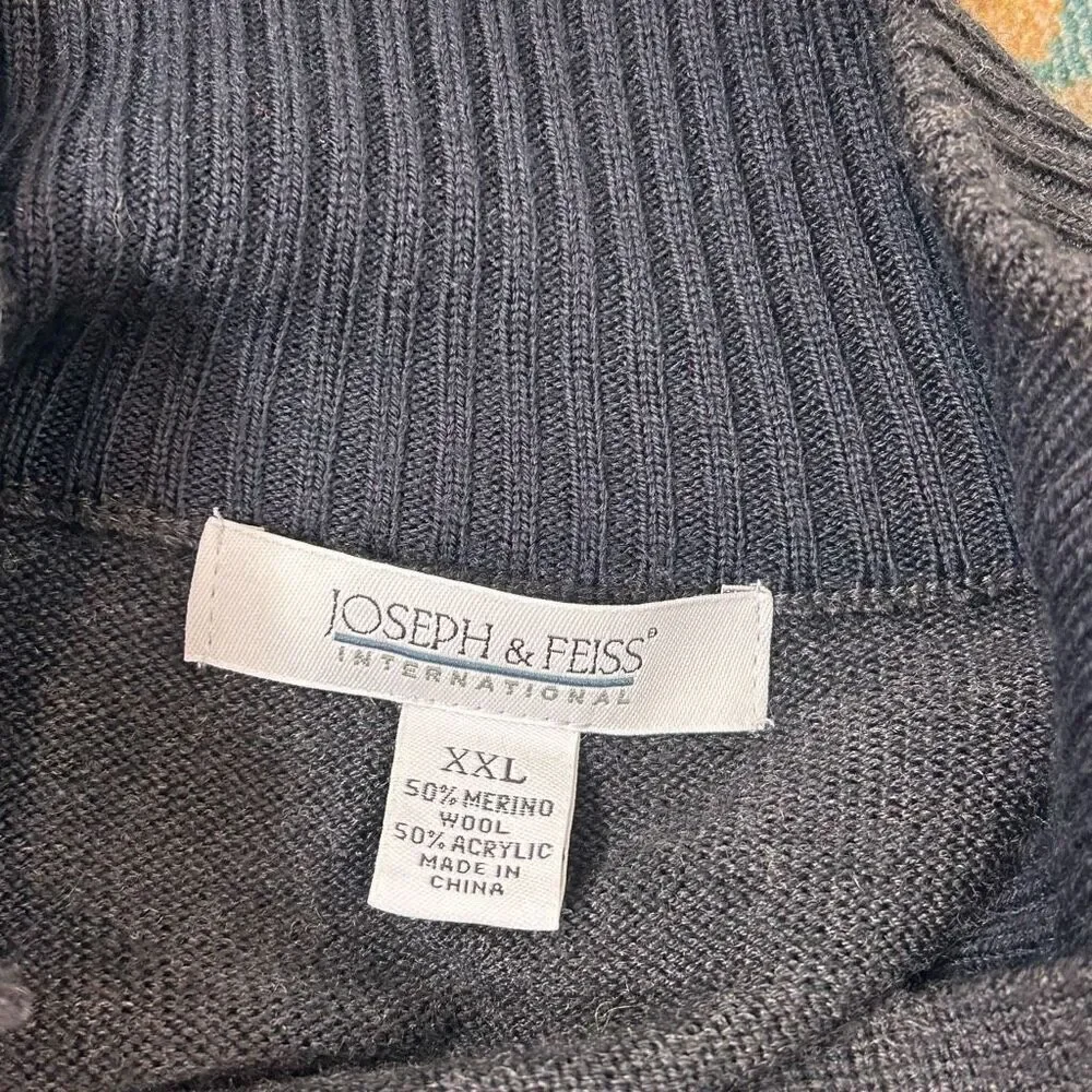 Joseph & Feiss Sweater Men XXL Merino Wool Dark Gray Quarter Button Pullover 2XL
